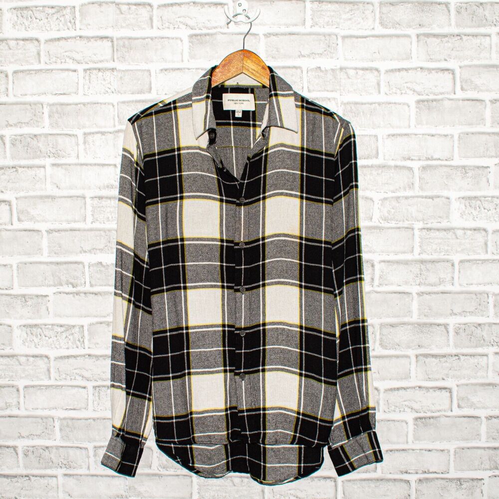 Public School NY Art Patch Button up Shirt Gray Plaid Size Small - Picture 3 of 8